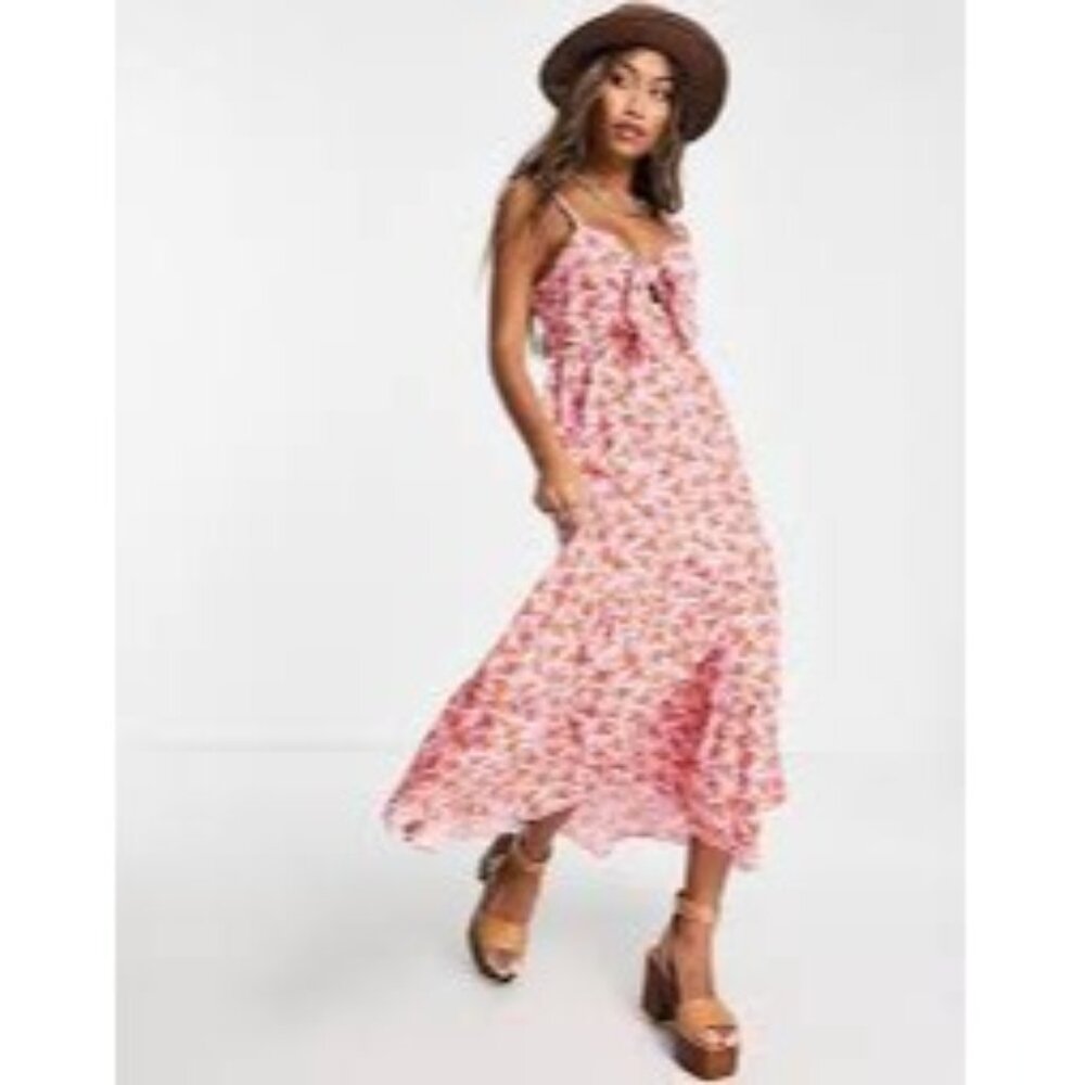 Topshop Pink and Red Rose Poplin Bow Front Sleeveless Boho Midi Dress Size‎ 6